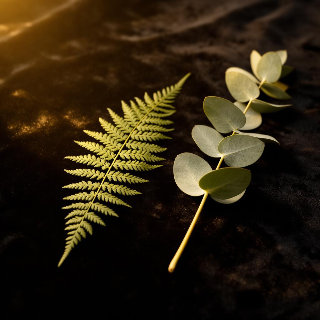 Fern and eucalyptus on dark stone